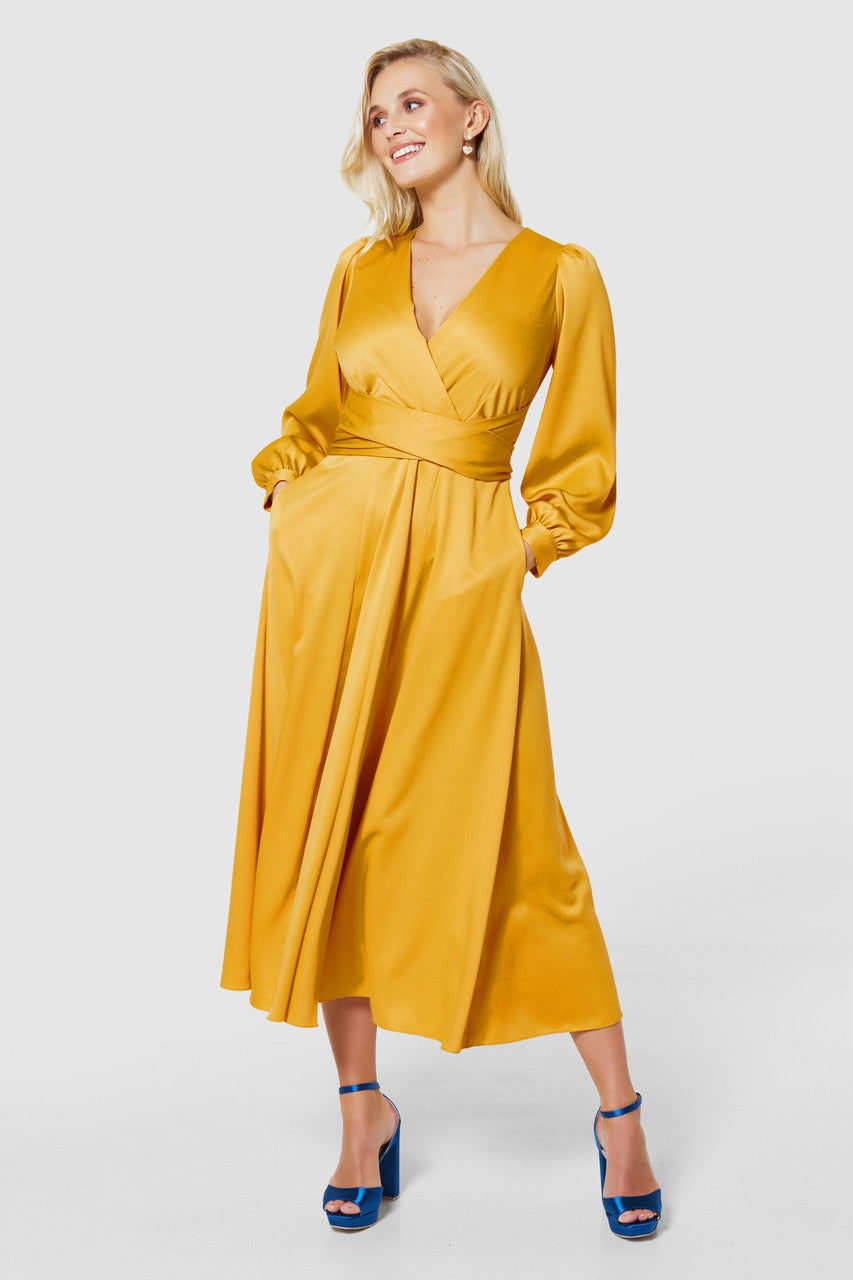 Closet London Full Skirt Wrap Dress - Yellow