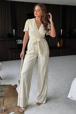 Load image into Gallery viewer, Stella White &amp; Gold Metallic Jumpsuit
