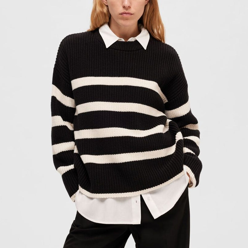 Selected Femme Chunky Ribbed Striped Knitted Jumper - Black