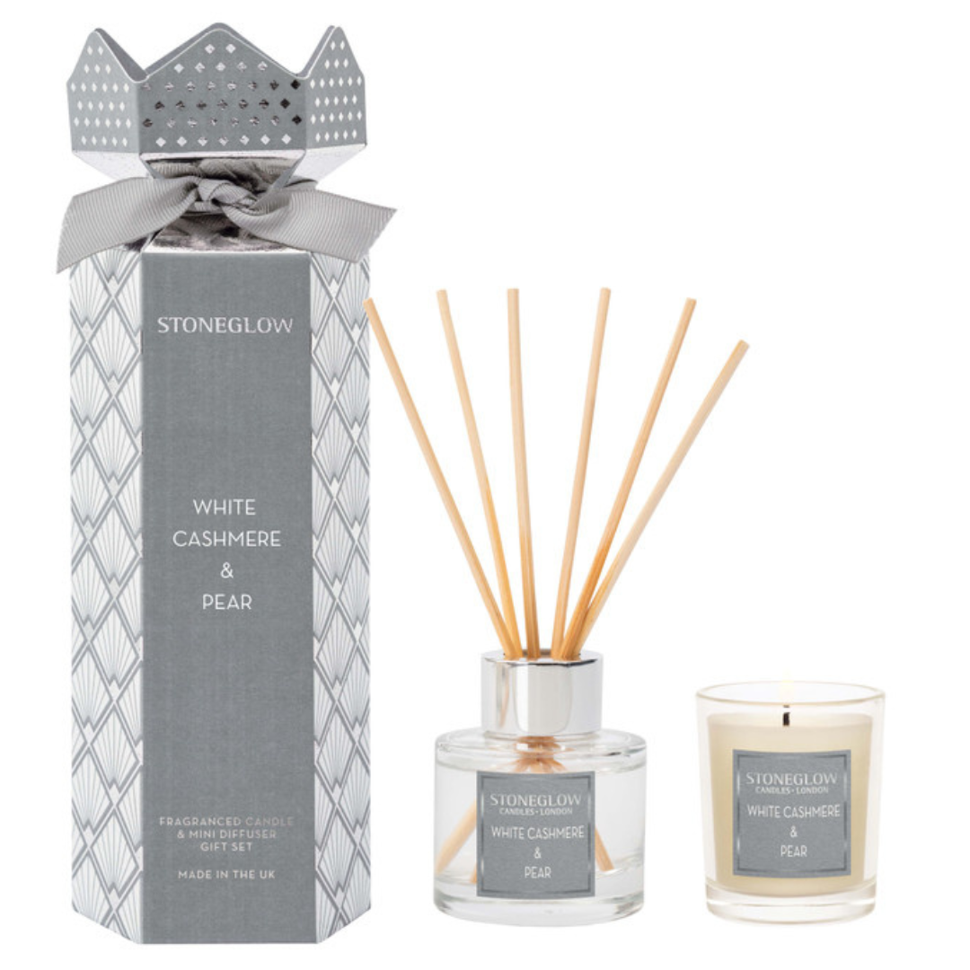 Stoneglow Christmas Candle & Reed Diffuser Duo Gift Set - White Cashmere & Pear