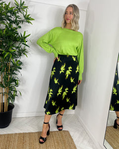 Harper Leaf Pattern Midi Skirt - Parrot Green
