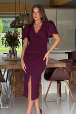 Load image into Gallery viewer, Freya Puff Sleeve Wrap Neck Ruched Midi Dress
