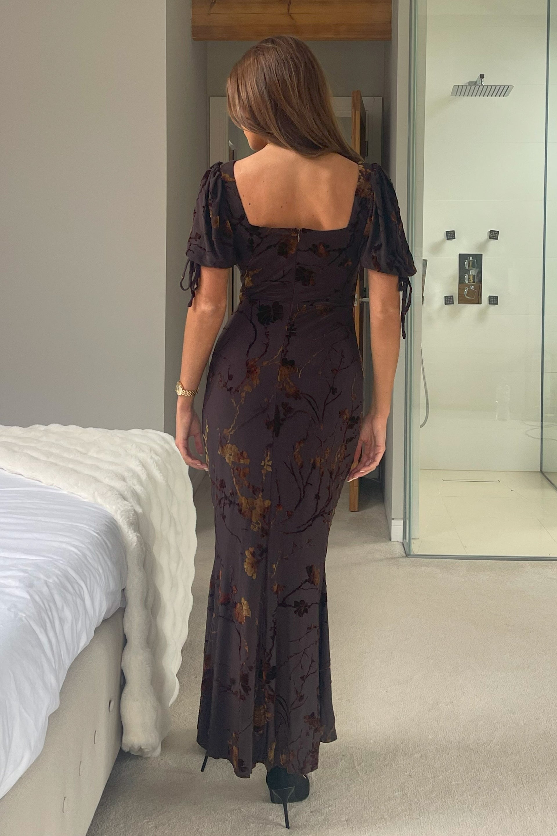 Dove Ruched Floral Detail Midi Dress