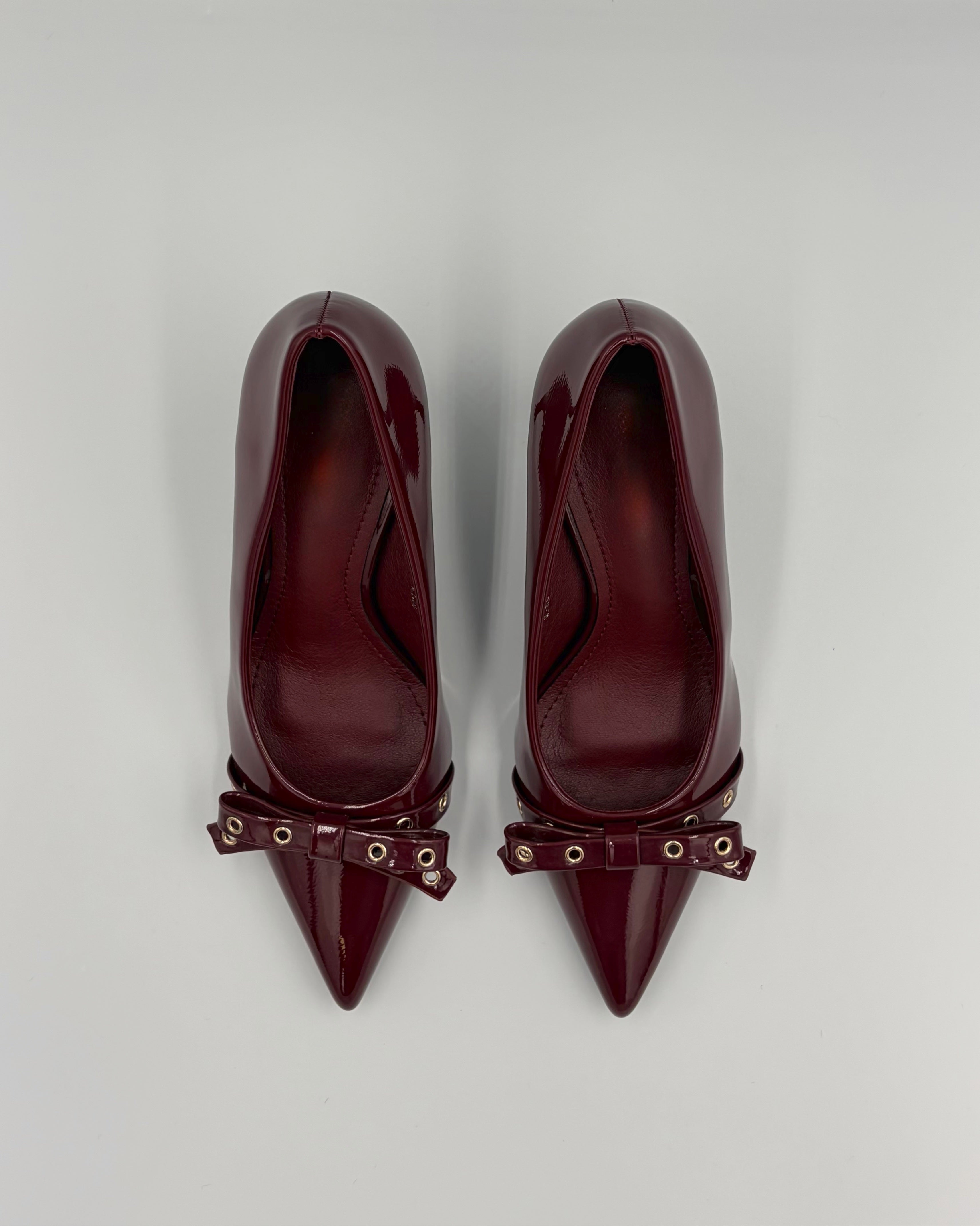 Wine Bow Front Patent Heel