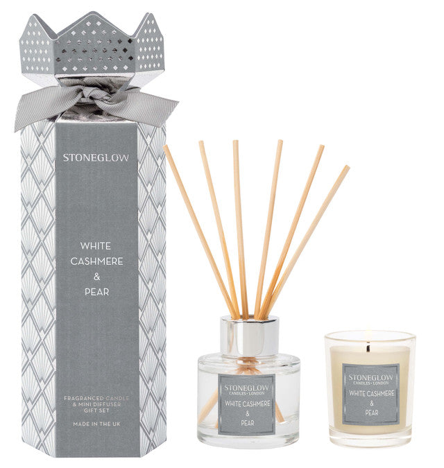 Stoneglow Christmas Candle & Reed Diffuser Duo Gift Set - White Cashmere & Pear