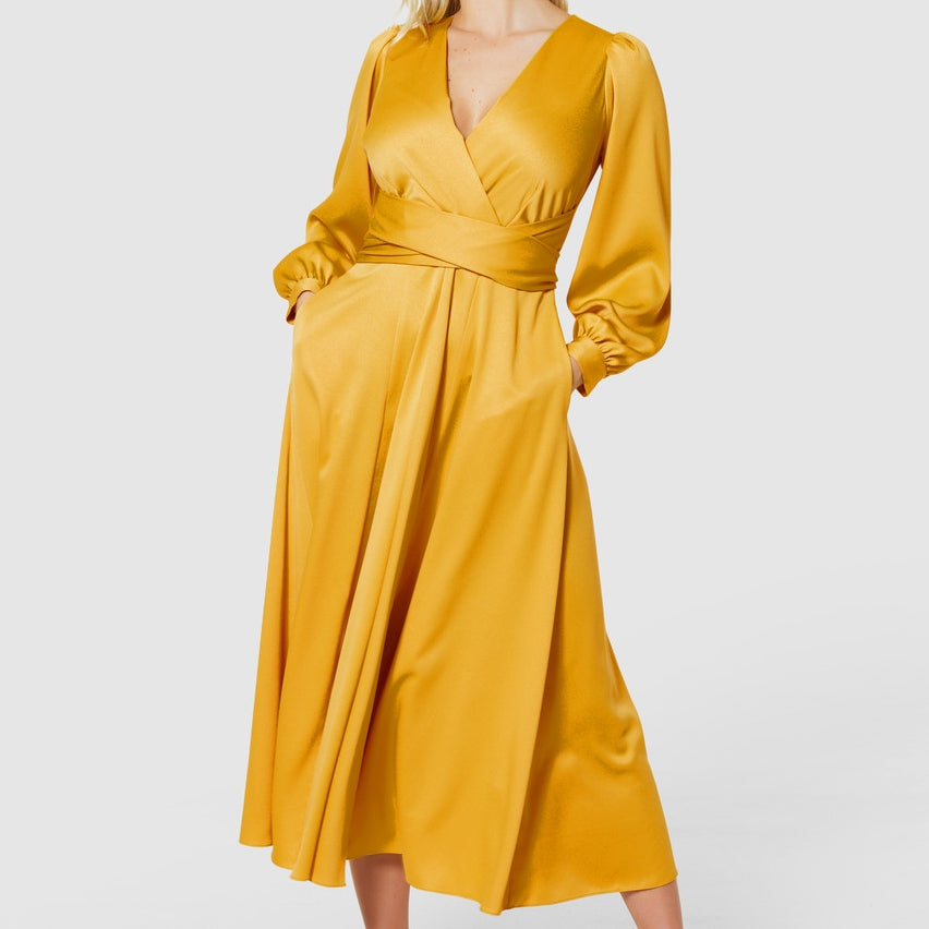 Selected Femme Full Skirt Wrap Dress - Yellow