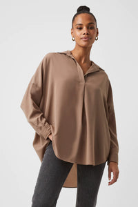 French Connection Rhodes Recycled Crepe Popover Shirt - Mocha Mousse
