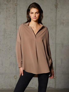 French Connection Rhodes Recycled Crepe Popover Shirt - Mocha Mousse