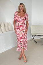 Load image into Gallery viewer, Heidi Multi Floral Ruched Midi Dress
