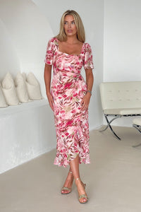 Heidi Multi Floral Ruched Midi Dress