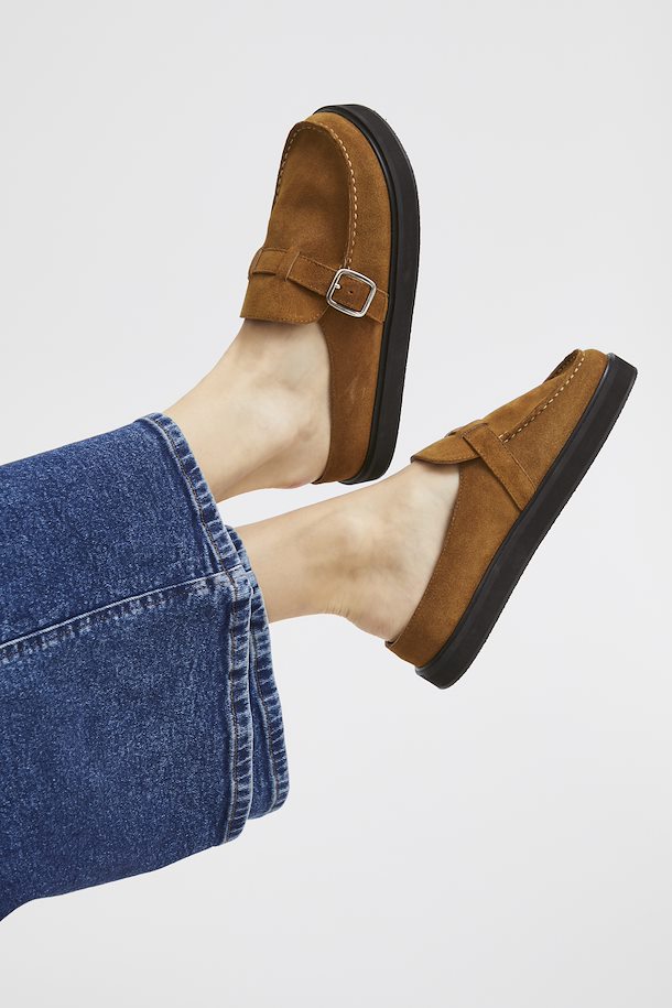 ICHI Suede Leather Mules - Natural