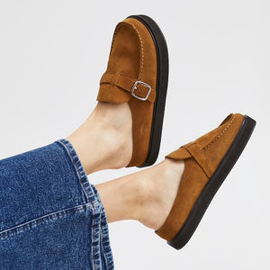 ICHI Suede Leather Mules - Natural