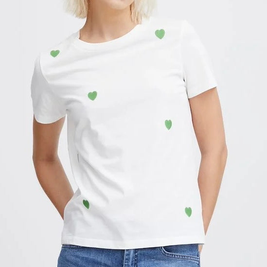 ICHI Heart Embroidered T-Shirt - Cloud Dancer