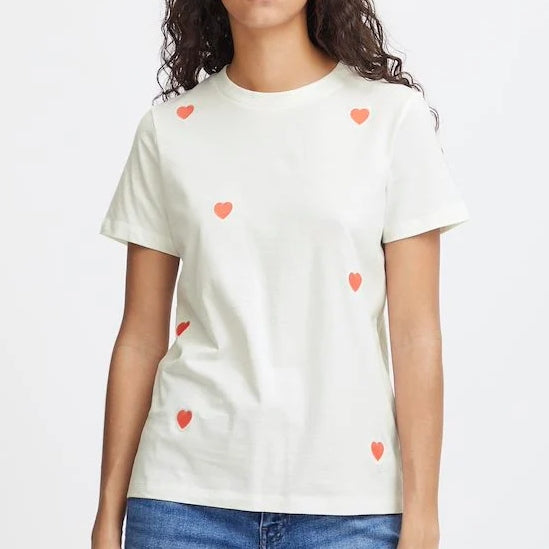 ICHI Heart Embroidered T-Shirt - Hot Coral