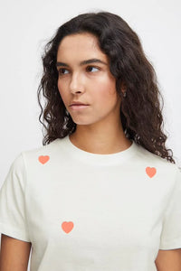 ICHI Heart Embroidered T-Shirt - Hot Coral