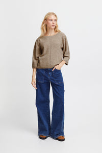 ICHI Knitted 3/4 Sleeve Relaxed Top - Doeskin