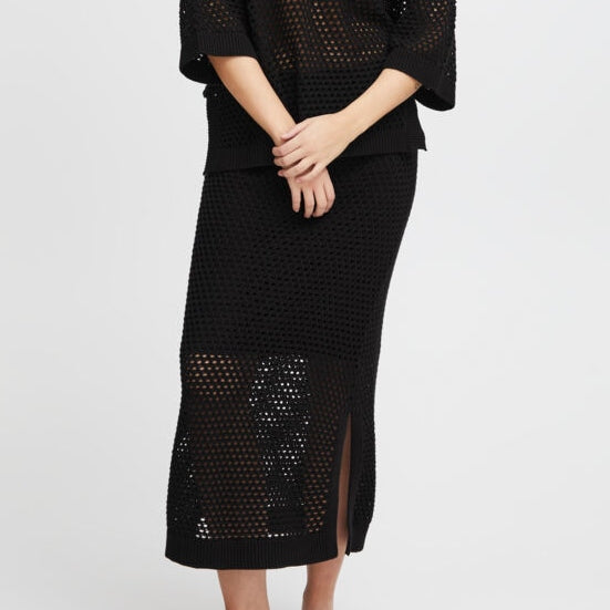 ICHI Midi Crochet Skirt - Black