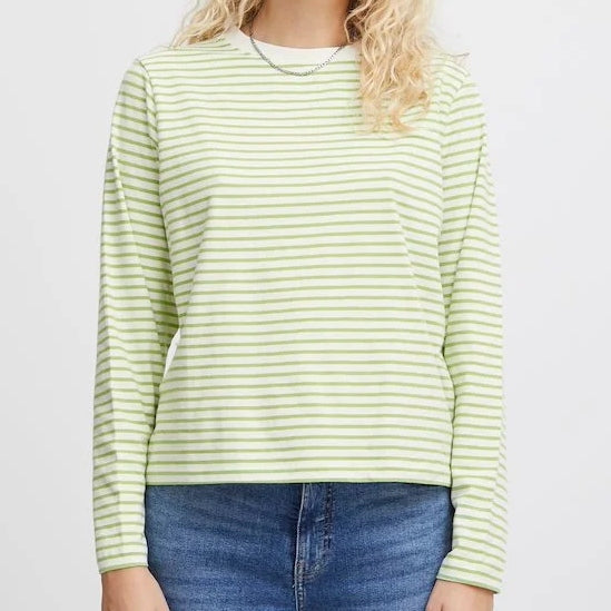 ICHI Breton Stripe Long Sleeve Top -  Green Tea Stripe