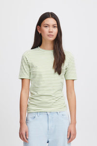 ICHI Breton Stripe Short Sleeve Top - Green Tea Stripe