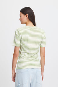 ICHI Breton Stripe Short Sleeve Top - Green Tea Stripe
