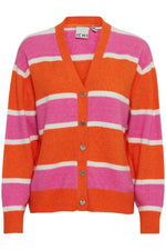Load image into Gallery viewer, ICHI Multistriped V-Neck Heart Button Up Cardigan - Persimmon Orange
