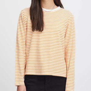 ICHI Breton Stripe Long Sleeve Top -   Cloud Dancer/Orange Stripe