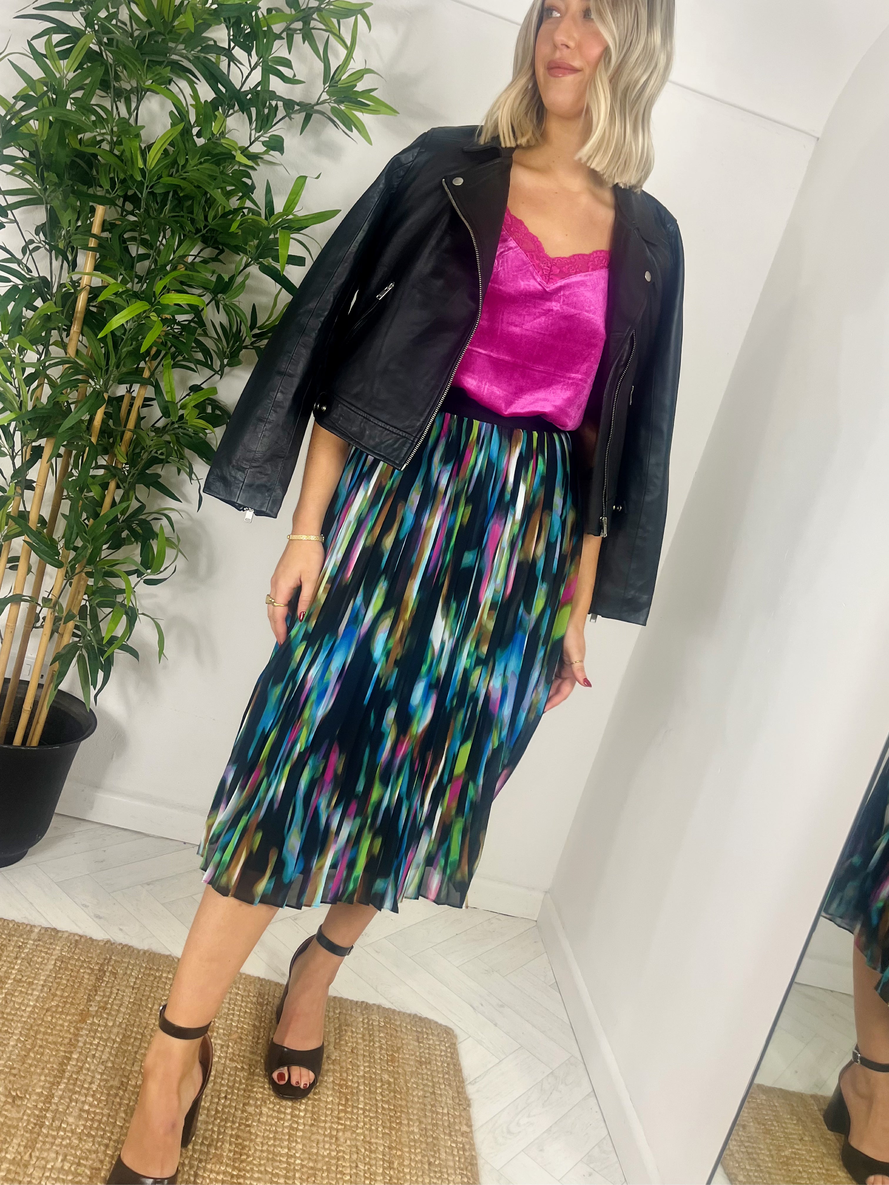 ICHI Pleated Midi Skirt - Multicoloured