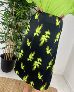 ICHI Leaf Pattern Midi Skirt - Parrot Green