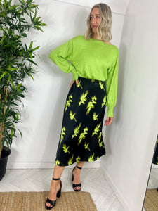 ICHI Leaf Pattern Midi Skirt - Parrot Green