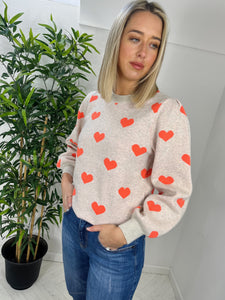ICHI Heart Pullover Jumper -  Oatmeal W. Hot Coral