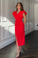 Load image into Gallery viewer, Katniss Statement Sleeve Pleat Detail Midi Dress

