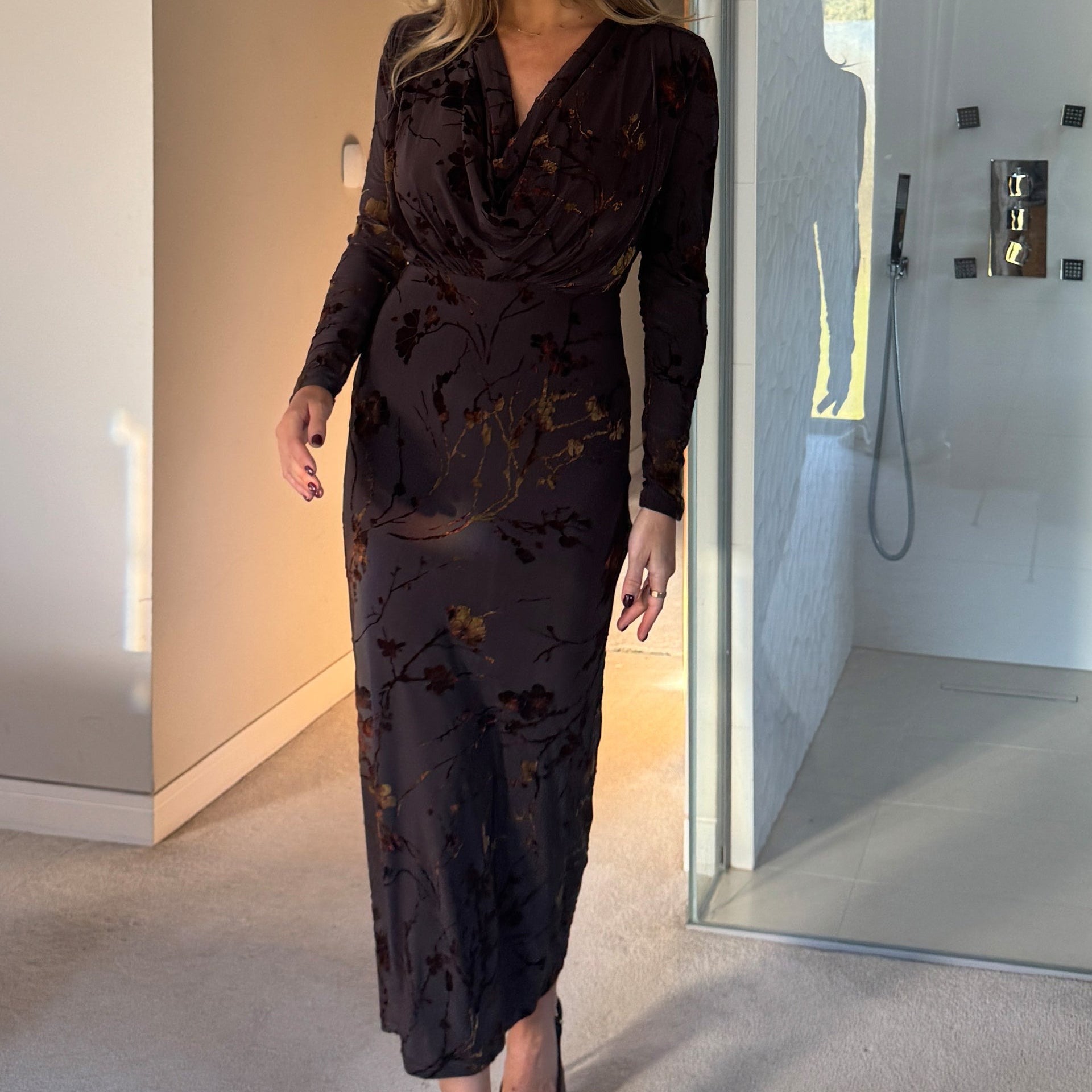 Remington Floral Cowl Neck Midi Dress Brown