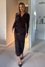 Load image into Gallery viewer, Remington Floral Cowl Neck Midi Dress Brown
