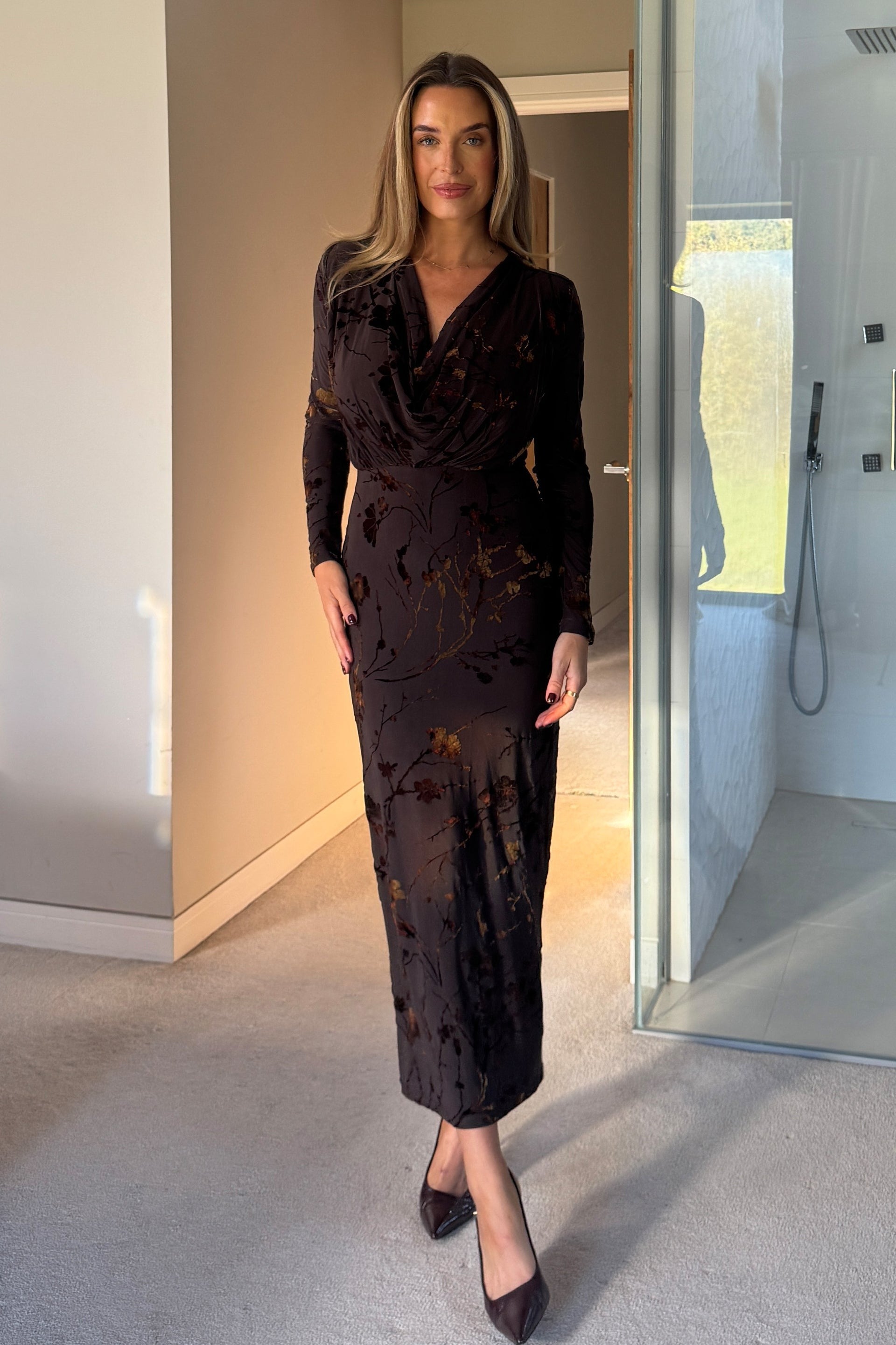 Remington Floral Cowl Neck Midi Dress Brown