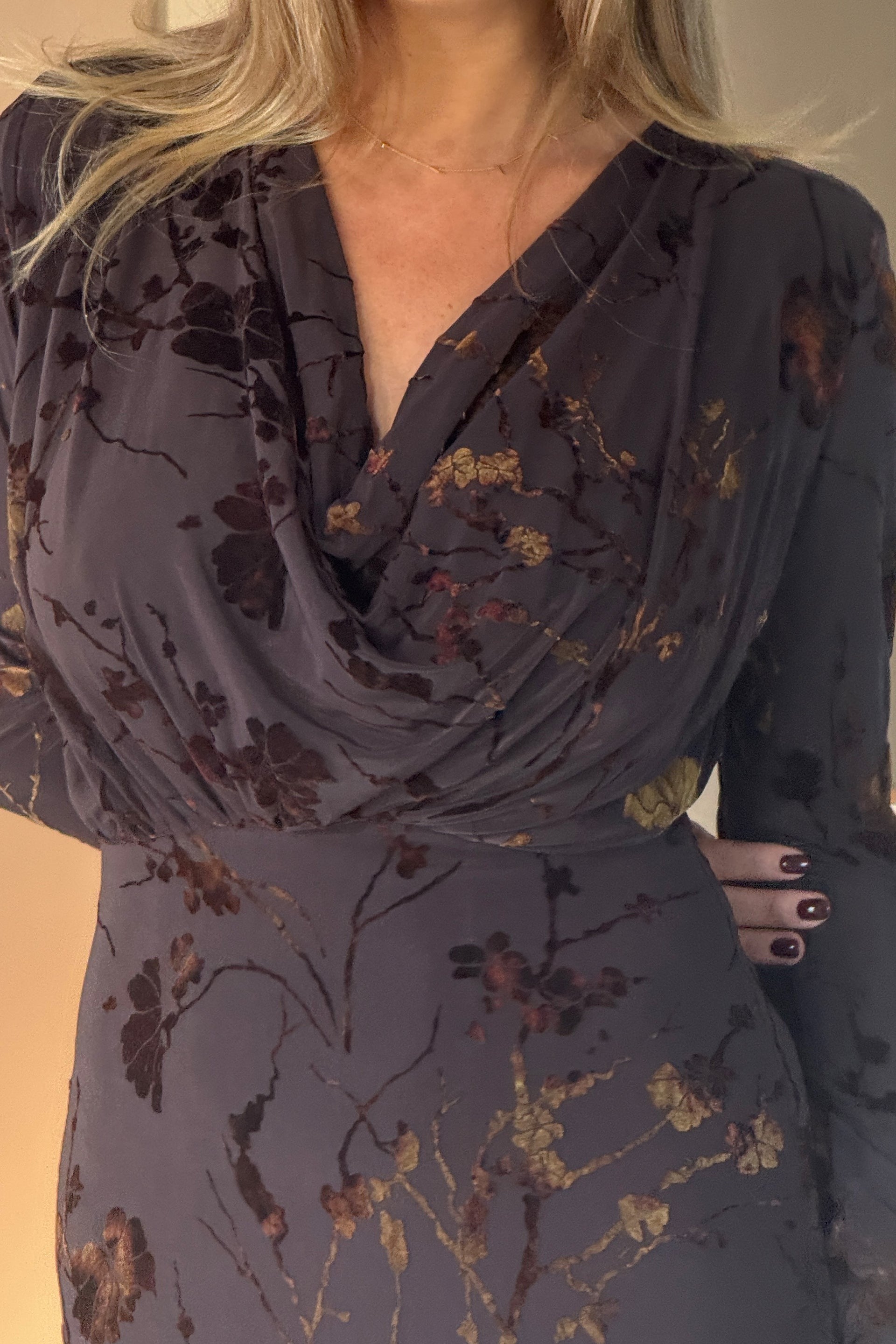 Remington Floral Cowl Neck Midi Dress Brown