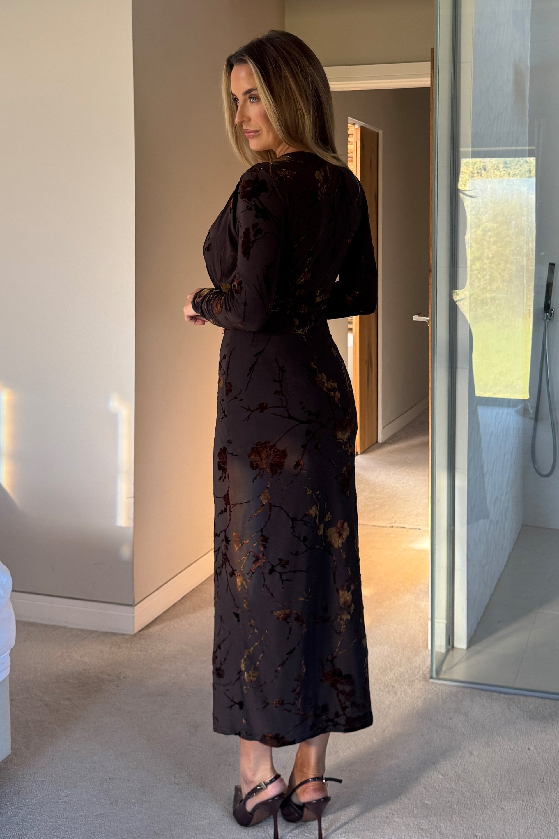 Remington Floral Cowl Neck Midi Dress Brown