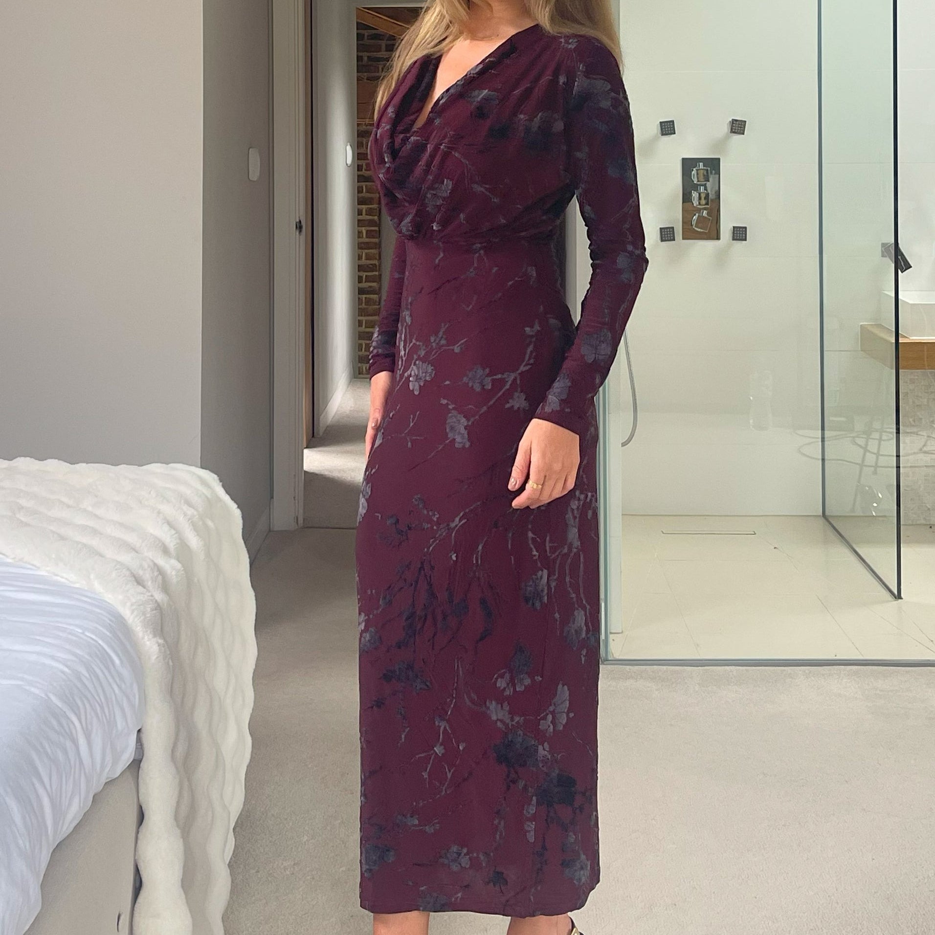 Remington Floral Cowl Neck Midi Dress Wine