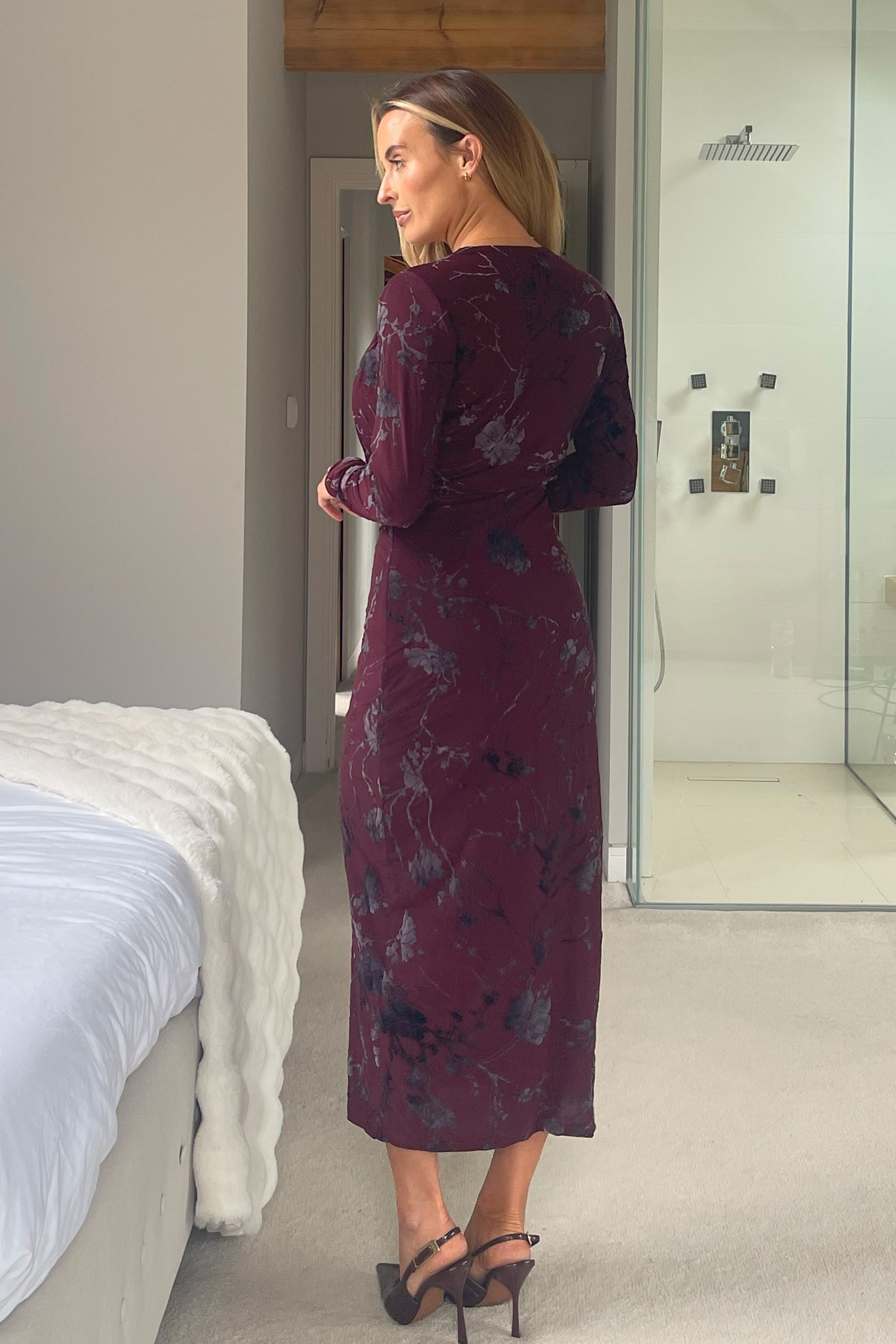 Remington Floral Cowl Neck Midi Dress Wine