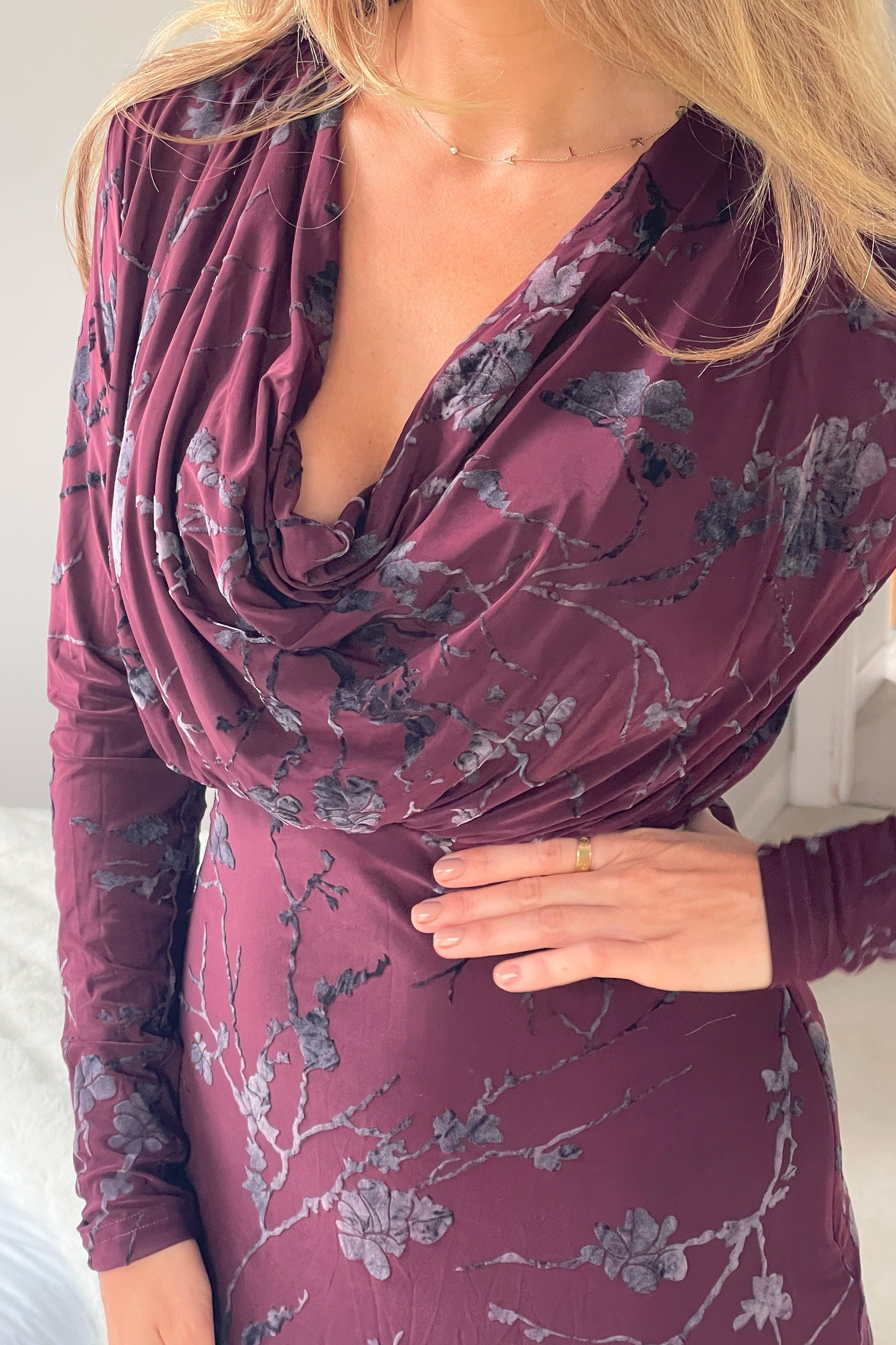 Remington Floral Cowl Neck Midi Dress Wine