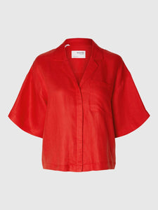 Selected Femme Linen Blend Boxy Short Sleeved Shirt - Flame Scarlet