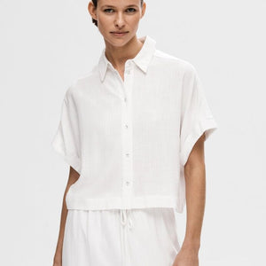 Selected Femme Cropped Linen Shirt - Snow White