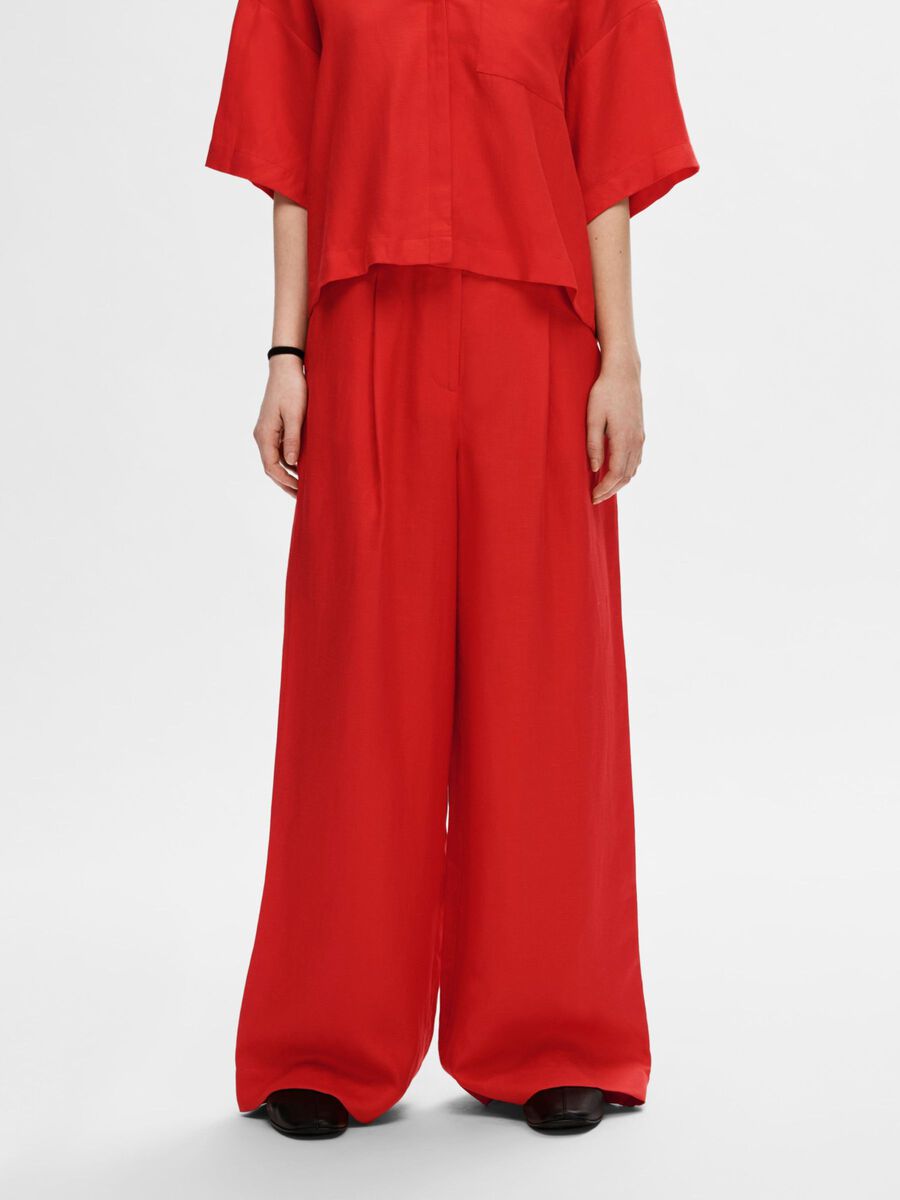 Selected Femme Linen Blend High-Waisted Wide-Leg Trousers - Flame Scarlet