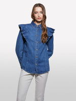 Load image into Gallery viewer, Sisley Ruffled Shoulder Denim Shirt
