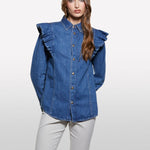 Load image into Gallery viewer, Sisley Ruffled Shoulder Denim Shirt
