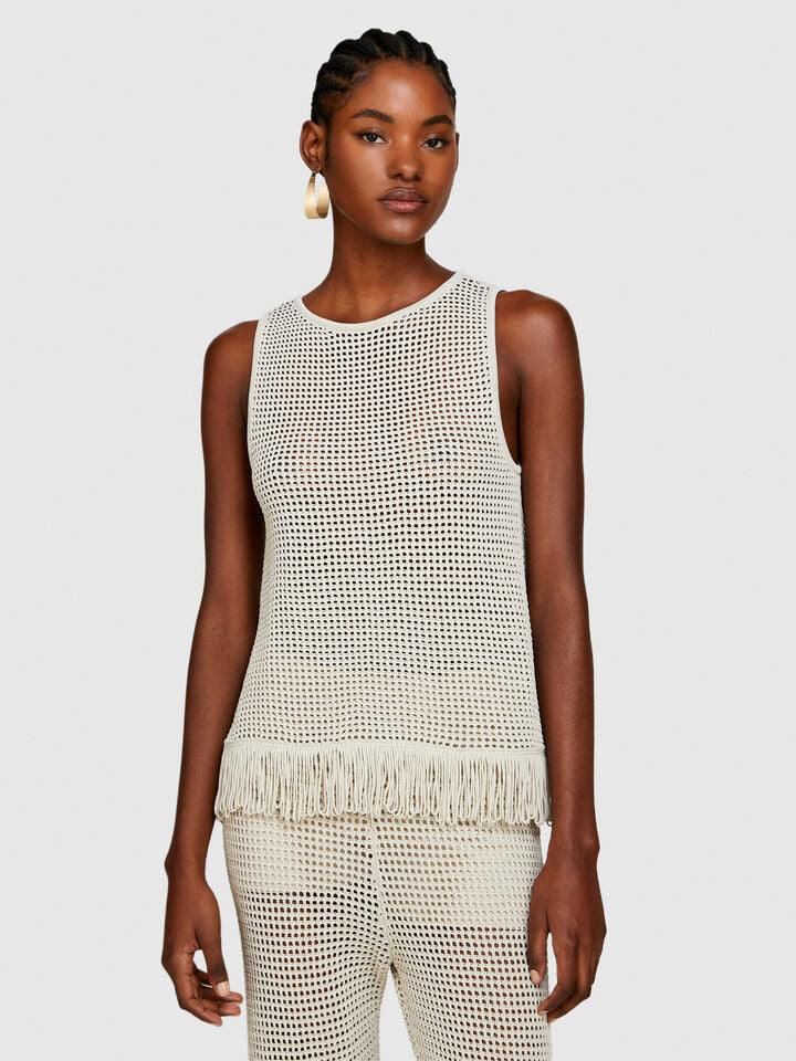 Sisley Perforated Tank Top With Fringe - Beige