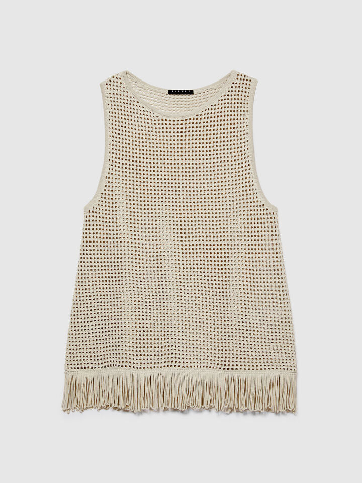 Sisley Perforated Tank Top With Fringe - Beige