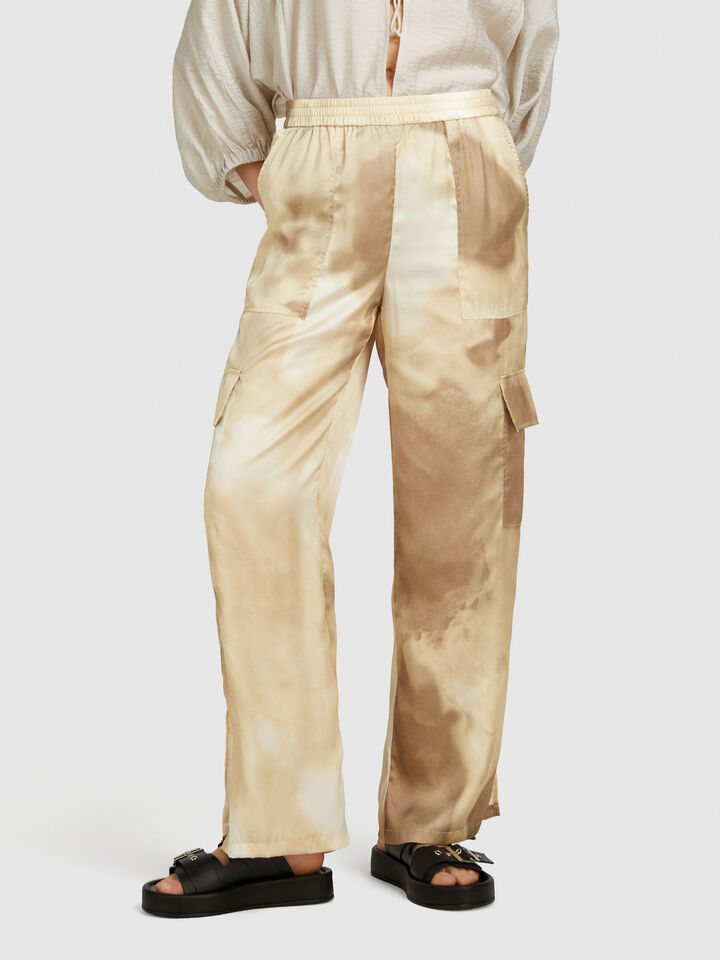 Sisley Printed Satin Cargo Trousers - Beige
