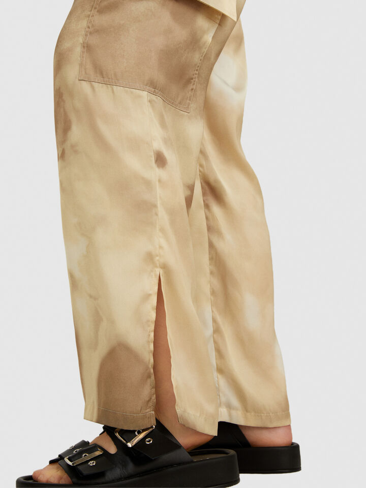 Sisley Printed Satin Cargo Trousers - Beige