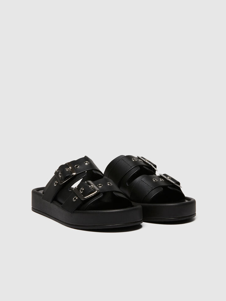 Sisley 100% Leather Buckle Sandals - Black