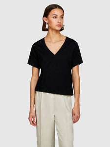 Sisley V-Neck Organic Cotton T-Shirt - Black